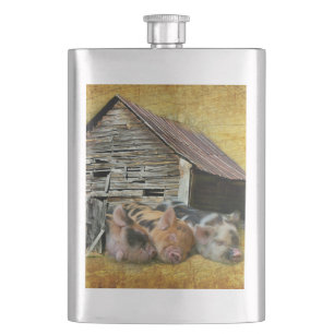 Three Little Pigs At The Rustic Barn Snoozing Hip Flask