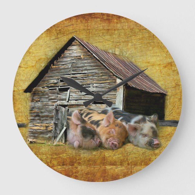 Three Little Pigs At The Rustic Barn Snoozing Large Clock (Front)