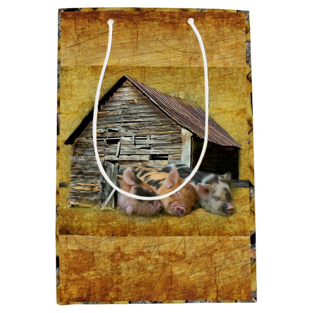 Three Little Pigs At The Rustic Barn Snoozing Medium Gift Bag (Front)