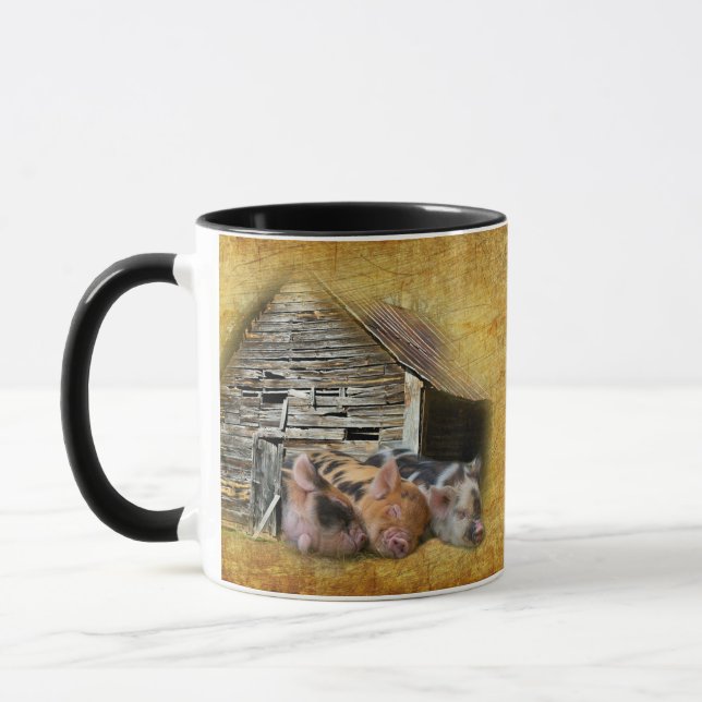 Three Little Pigs At The Rustic Barn Snoozing Mug (Left)