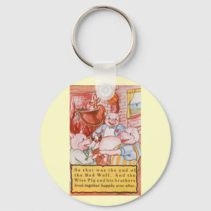Three Little Pigs Cooking Wolf, Vintage Fairy Tale Key Ring