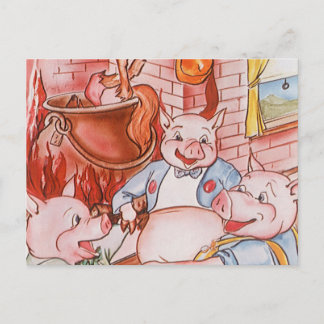 Three Little Pigs Cooking Wolf, Vintage Fairy Tale Postcard