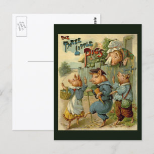 Three Little Pigs Vintage Fairy Tale Postcard