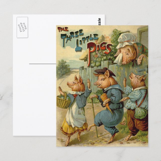 Three Little Pigs Vintage Fairy Tale Postcard (Front/Back)