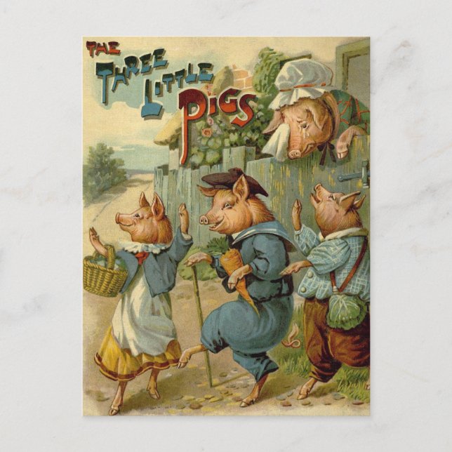Three Little Pigs Vintage Fairy Tale Postcard (Front)