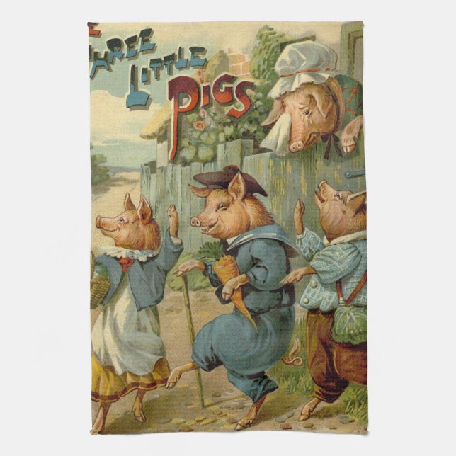 Three Little Pigs Vintage Fairy Tale Tea Towel (Vertical)