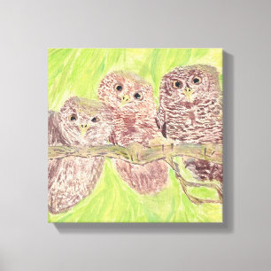 Three Little Scowling Owls - acrylic painting. Canvas Print