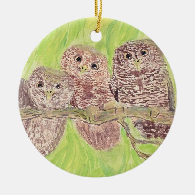Three Little Scowling Owls - acrylic painting. Ceramic Tree Decoration (Front)