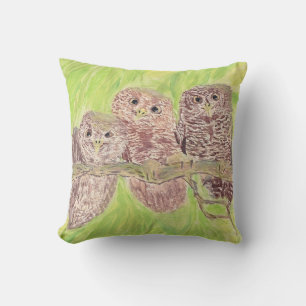 Three Little Scowling Owls - acrylic painting. Cushion