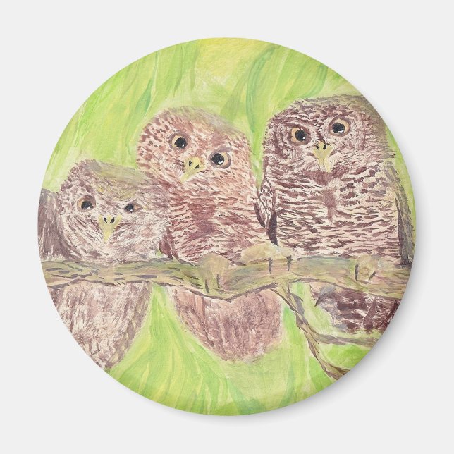 Three Little Scowling Owls - acrylic painting.  Magnet (Front)