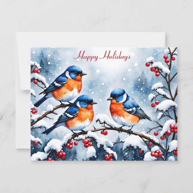 Three Little Songbirds and Red Berries Christmas Holiday Card (Front)