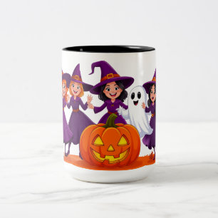 Three Little Witches Dancing Around Pumpkin 🎃 Two-Tone Coffee Mug