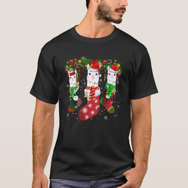 Three Llama In Sock Christmas Santa Hat T-Shirt (Front)