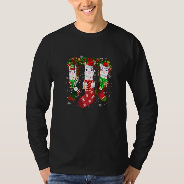 Three Llama In Socks Christmas Santa Hat T-Shirt (Front)