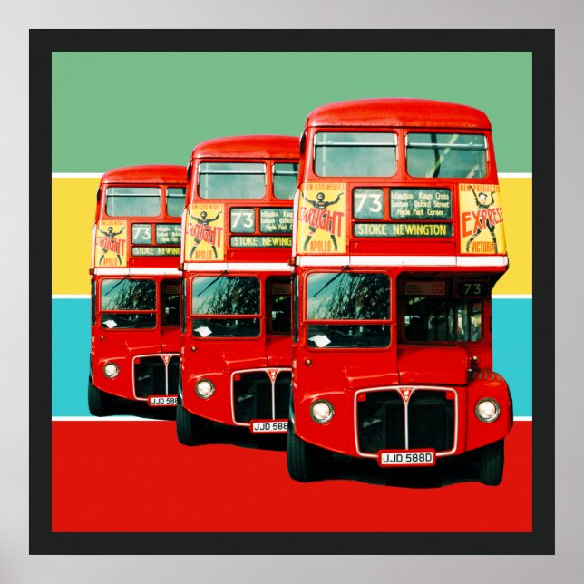 Three London Buses Coloured Stripes Background Poster (Front)