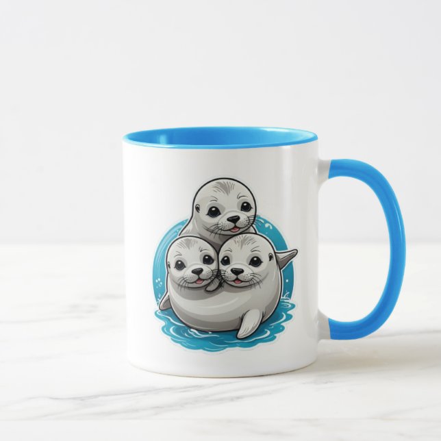 Three lovely baby seals with big eyes. mug (Right)