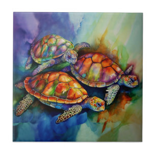 Three Magnificent Turtles Migrate in Stormy Seas Tile