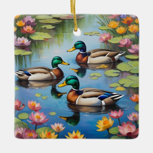 Three mallard ducks ceramic ornament (Front)