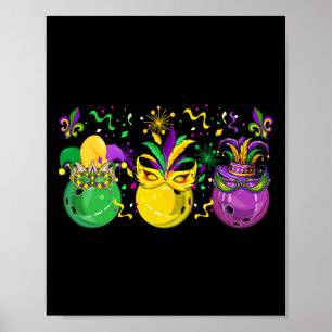 Three Mardi Gras Bowling Masked Jester Hats Parade Poster