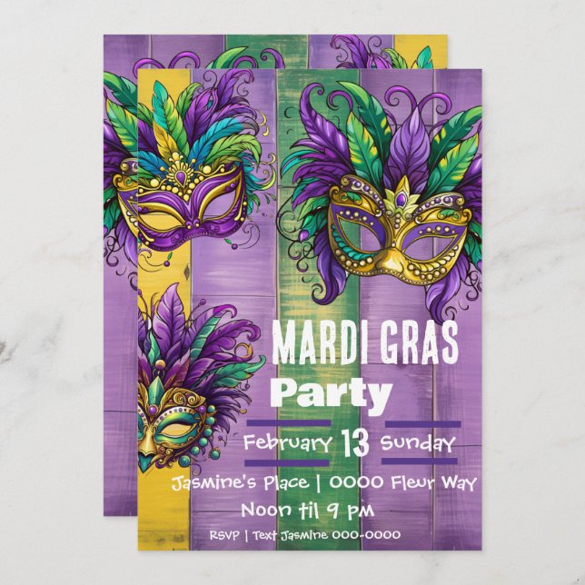 Three Mardi Gras Masks In Purple Gold Green Invitation (Front/Back)