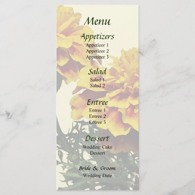 Three Marigolds Wedding Menu (Front)