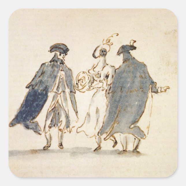 Three Masked Figures in Carnival Costume (pen & in Square Sticker (Front)