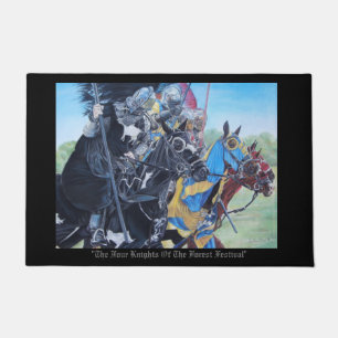 three mediaeval knights jousting on horses doormat