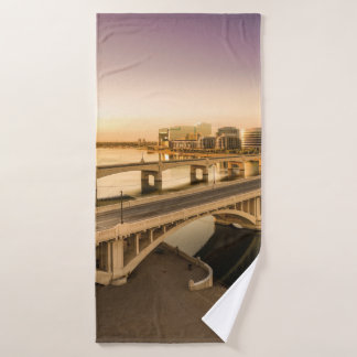 THREE MEN ON MOTORCYCLES CROSSING BRIDGE BATH TOWEL