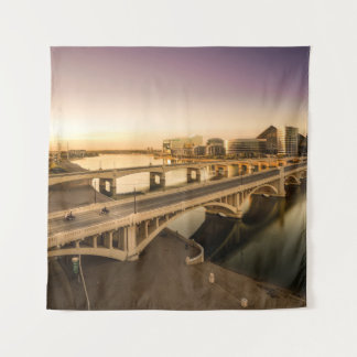 THREE MEN ON MOTORCYCLES CROSSING BRIDGE TAPESTRY