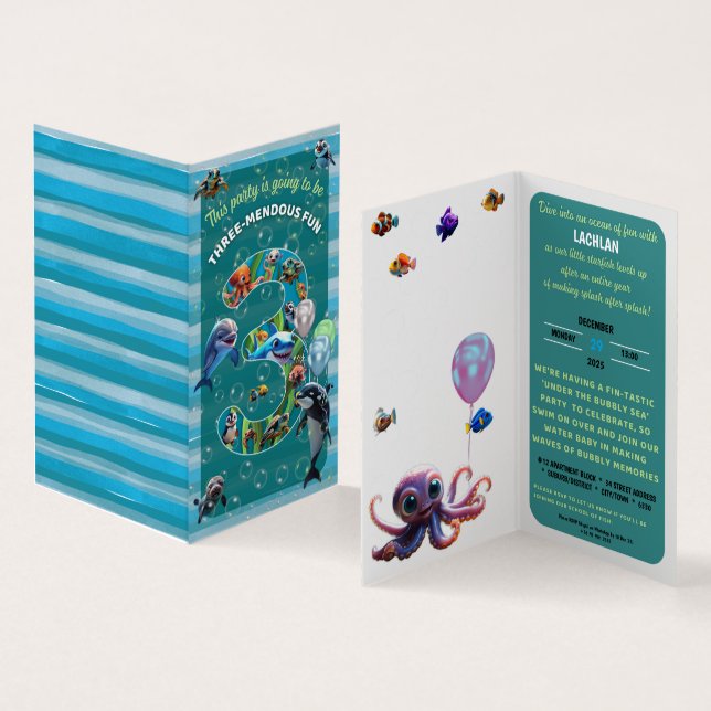 Three-mendous Party Vertical Birthday Invitation (Inside and Outside)