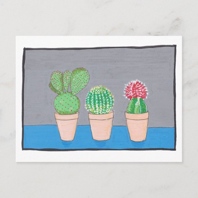 Three mexican cacti in pots, original art postcard (Front)