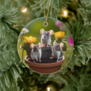 Three Mice In Flower Pots, Ceramic Tree Decoration