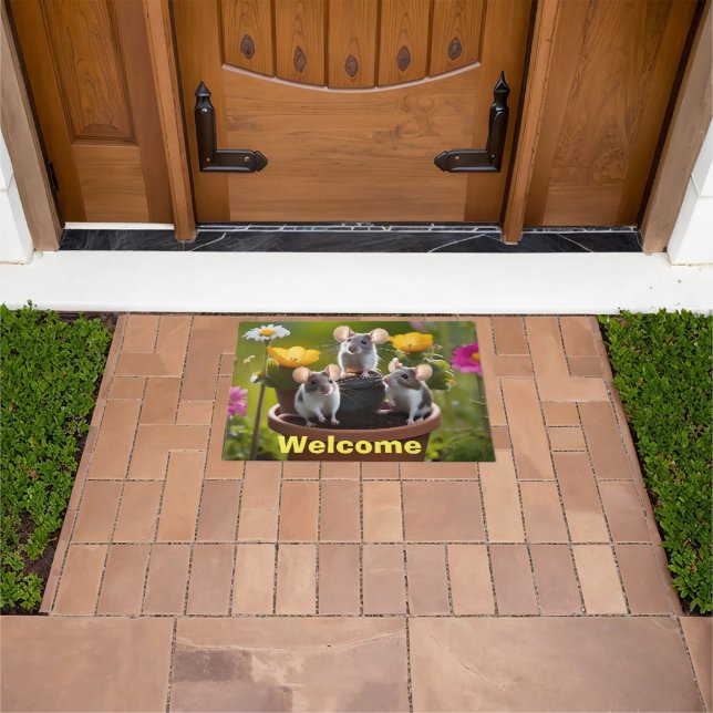 Three Mice In Flower Pots, Doormat (Outdoor)