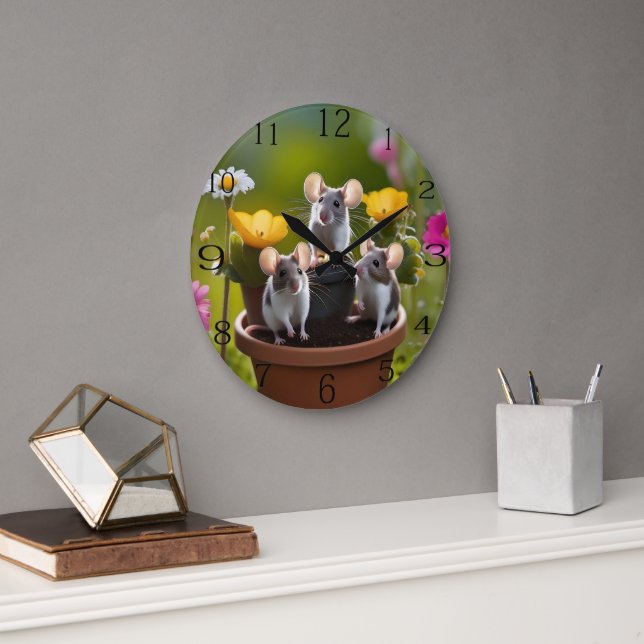 Three Mice In Flower Pots, Large Clock (Office)