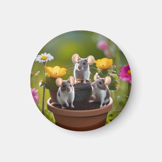 Three Mice In Flower Pots, Magnet (Front)