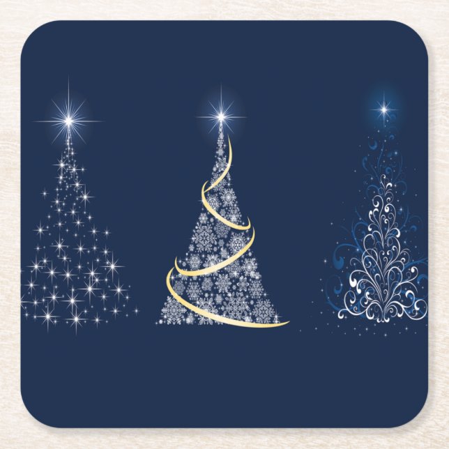Three Modern Art Christmas Trees on Blue Square Paper Coaster (Front)