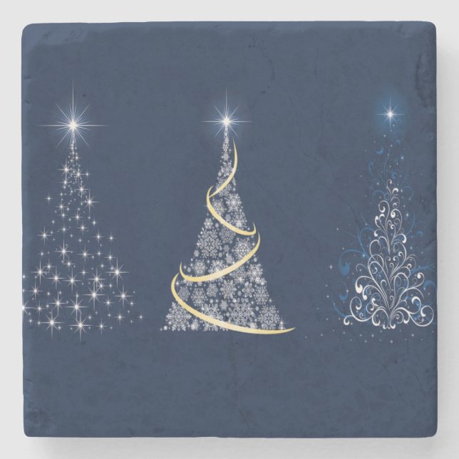Three Modern Art Christmas Trees on Blue Stone Coaster (Front)