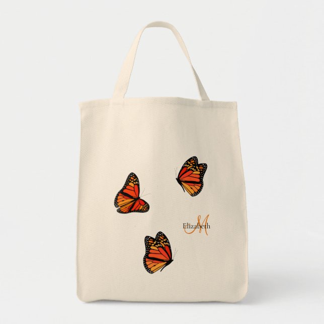 three Monarch Butterflies monogrammed Tote Bag (Front)