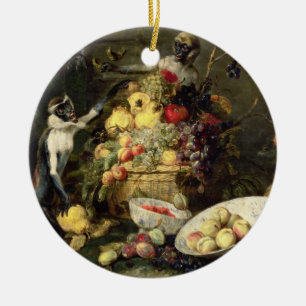 Three Monkeys Stealing Fruit (oil on canvas) Ceramic Tree Decoration