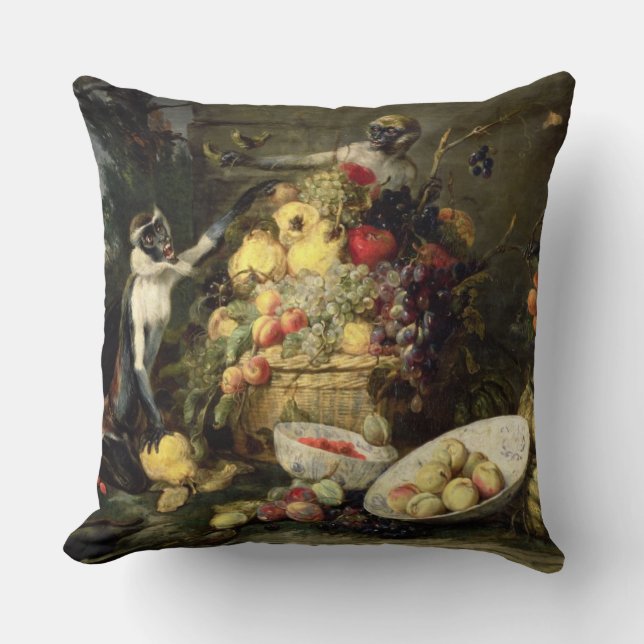 Three Monkeys Stealing Fruit (oil on canvas) Cushion (Front)