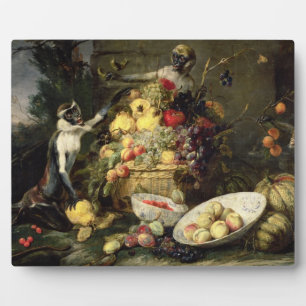 Three Monkeys Stealing Fruit (oil on canvas) Plaque