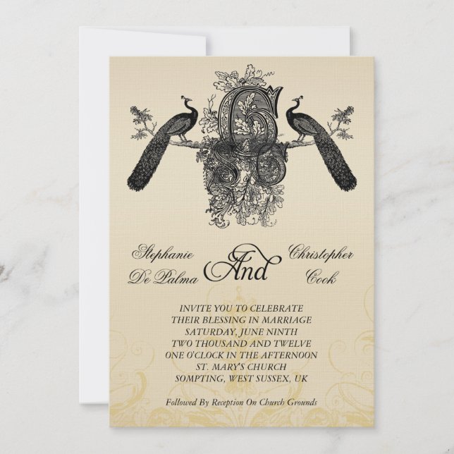 Three Monogram Peacocks Vintage Wedding Invitation (Front)