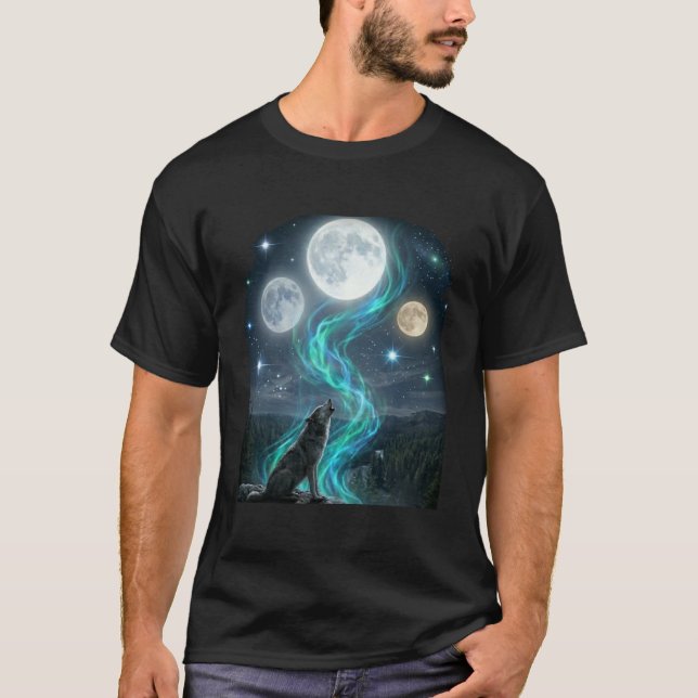 Three Moon Wolf Aurora - Mystic Night Sky T-Shirt (Front)