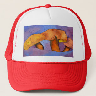 Three mushroom, toadstool, fungi in orange & blue trucker hat