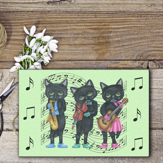 Three Musician black Cats Music Notes Green Tissue Paper (Musician black cats bars of black music notes playing music on green tissue paper.)
