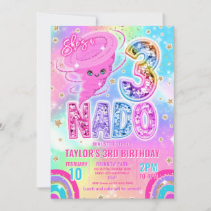 Three Nado Rainbow Glitter 3rd Birthday Party  Invitation