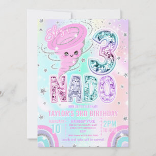 Three Nado Rainbow Glitter 3rd Birthday Party  Invitation