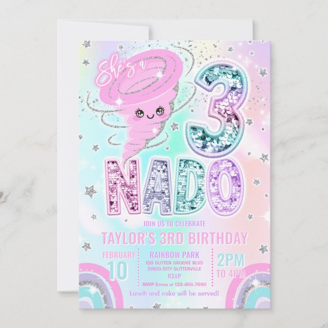 Three Nado Rainbow Glitter 3rd Birthday Party  Invitation (Front)
