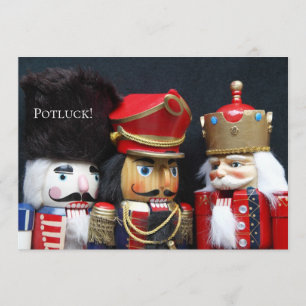 Three nutcrackers on dark background invitation