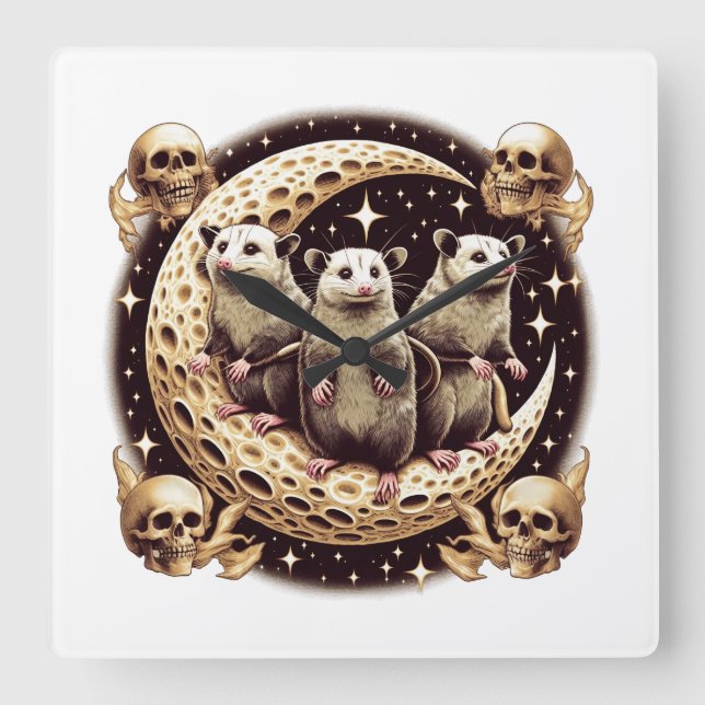 Three Opposum Moon With 3 Possums And Dead Moon Square Wall Clock (Front)